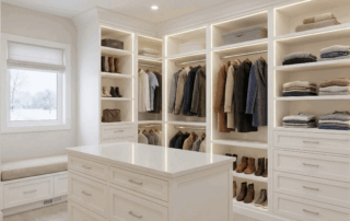 Bright custom walk-in closet in Kansas City with white cabinetry, organized winter clothing, and built-in bench seating.