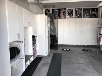 GARAGE CABINETS WHITE WITH SLATWALL AND BASKETS